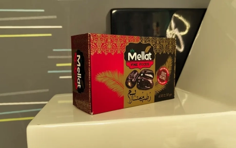 جعبه مقوایی بستهبندی خرما با طراحی قرمز، مشکی و طلایی